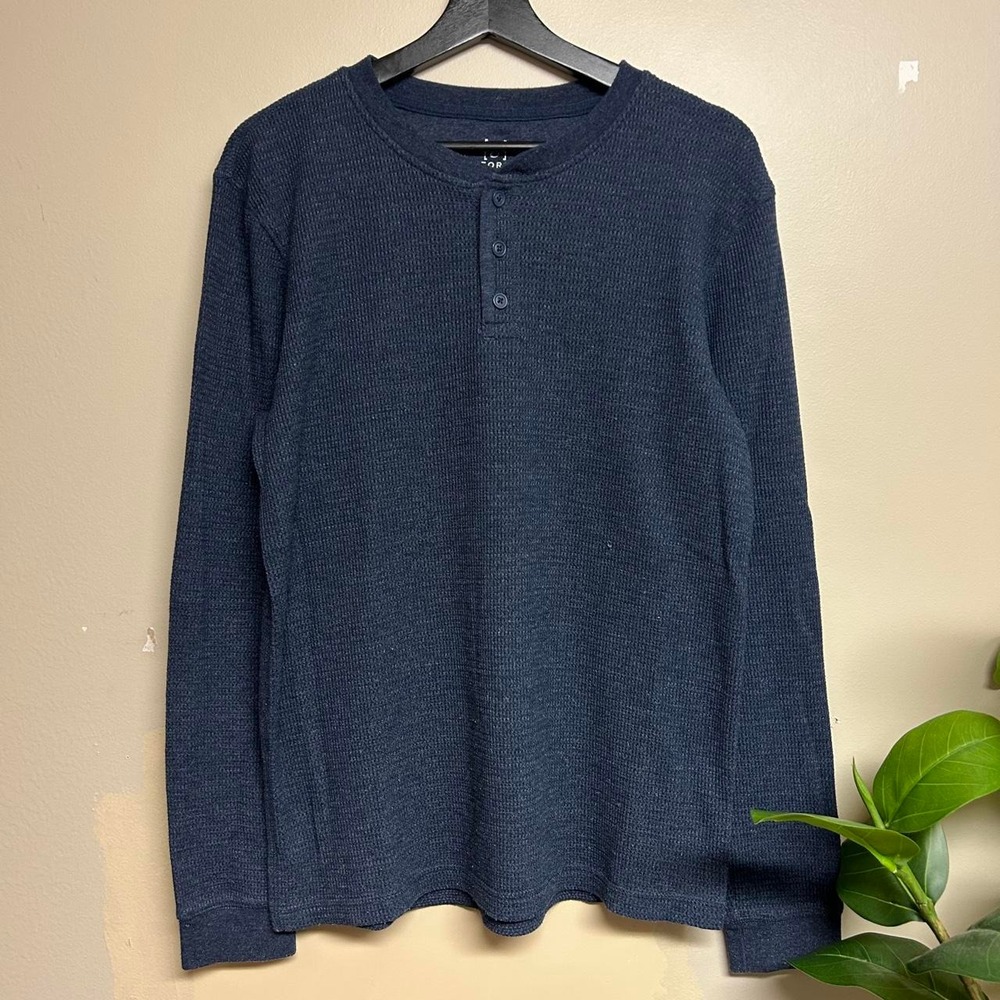 George Mens Navy Waffle Knit Henley Thermal Shirt Y2K Long Sleeve Medium
